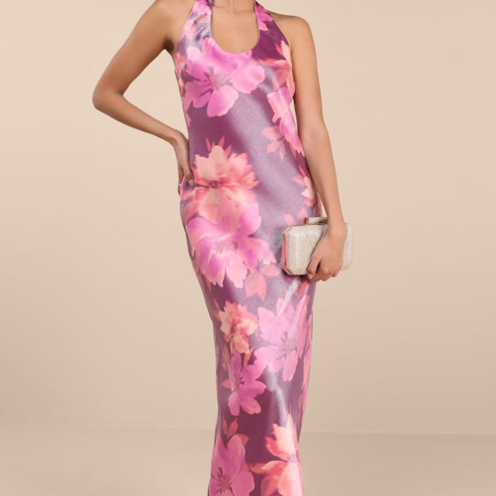 Lulus Lashay Purple And Pink Floral Satin Halter Mermaid Maxi Dress - Size M